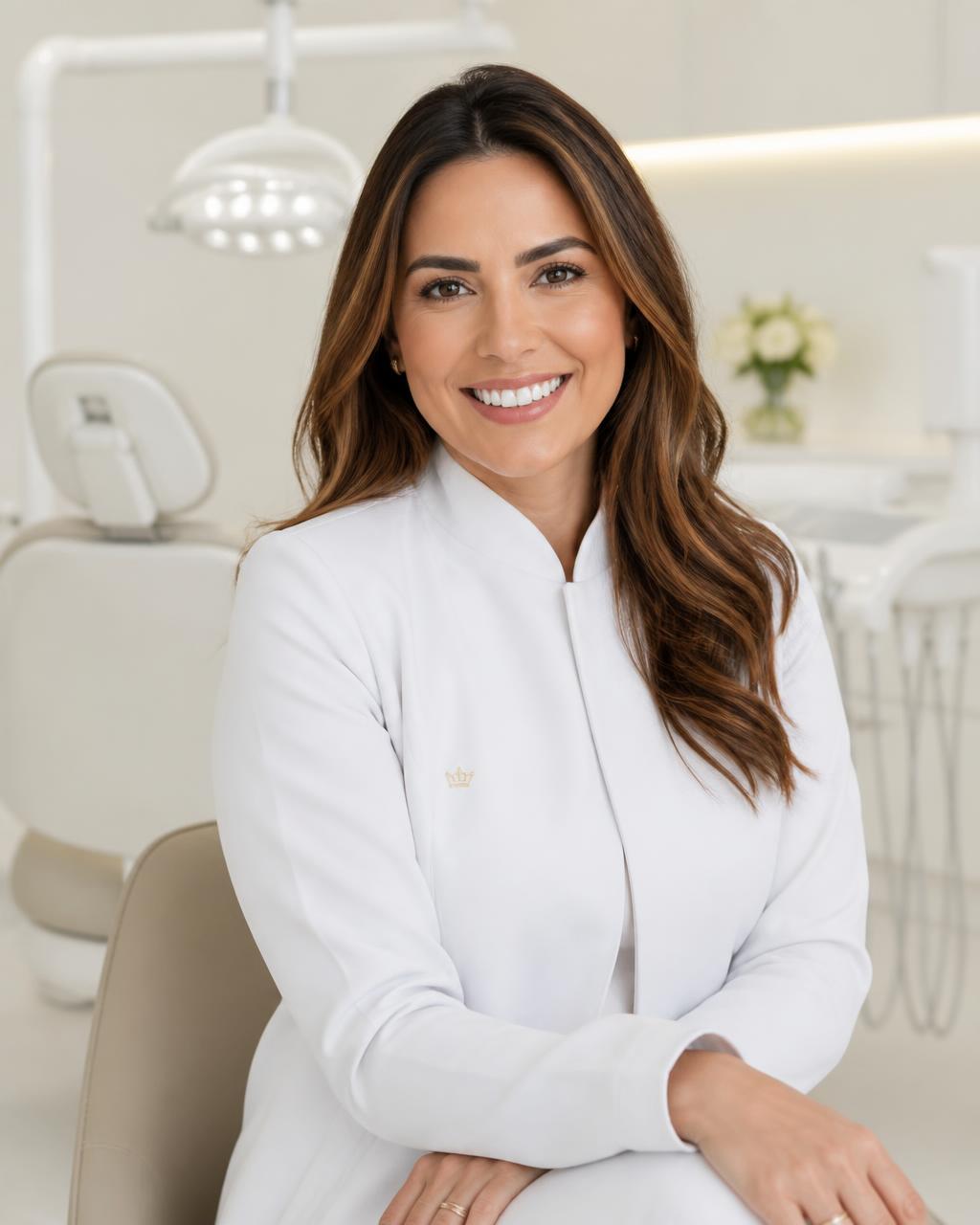 Dra. Letícia Tiemy, dentista, sorrindo em seu consultório